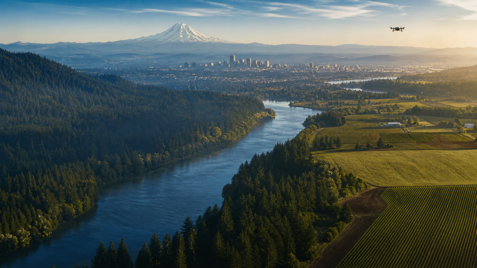 Aerial view of the Pacific Northwest with forest, river, mountain, farmland, and city